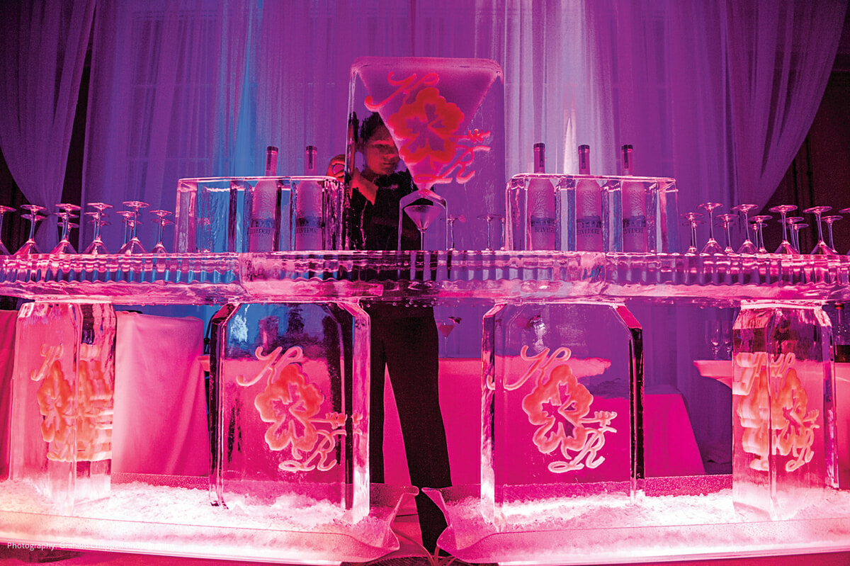 Intricate ice sculpture displayed at a wedding